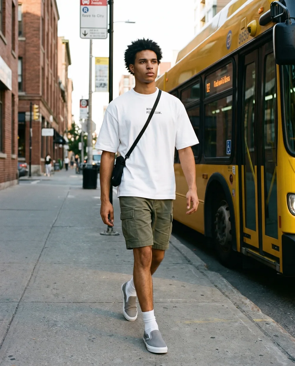 Walking past a yellow city bus