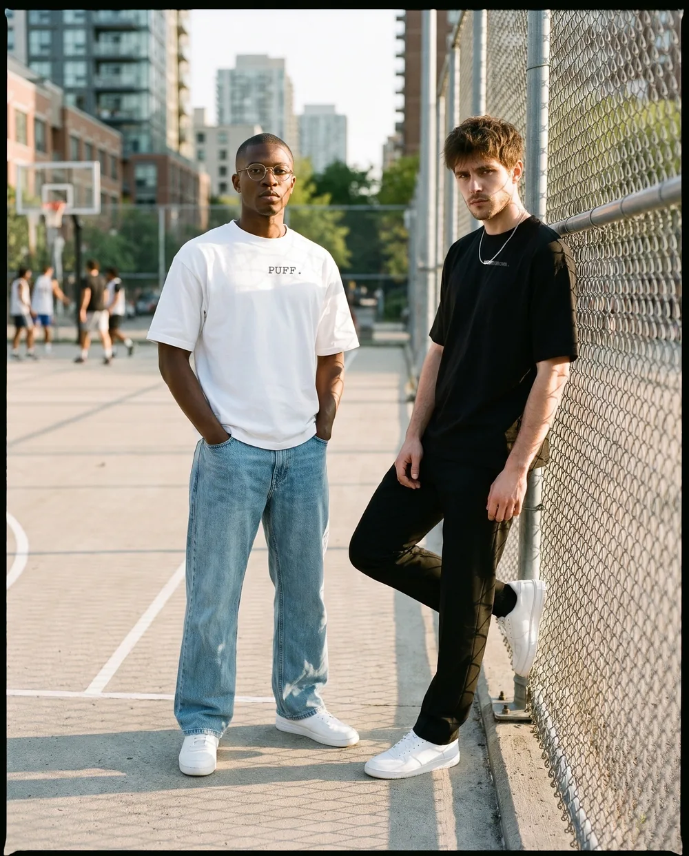 Two friends at a basketball court fence