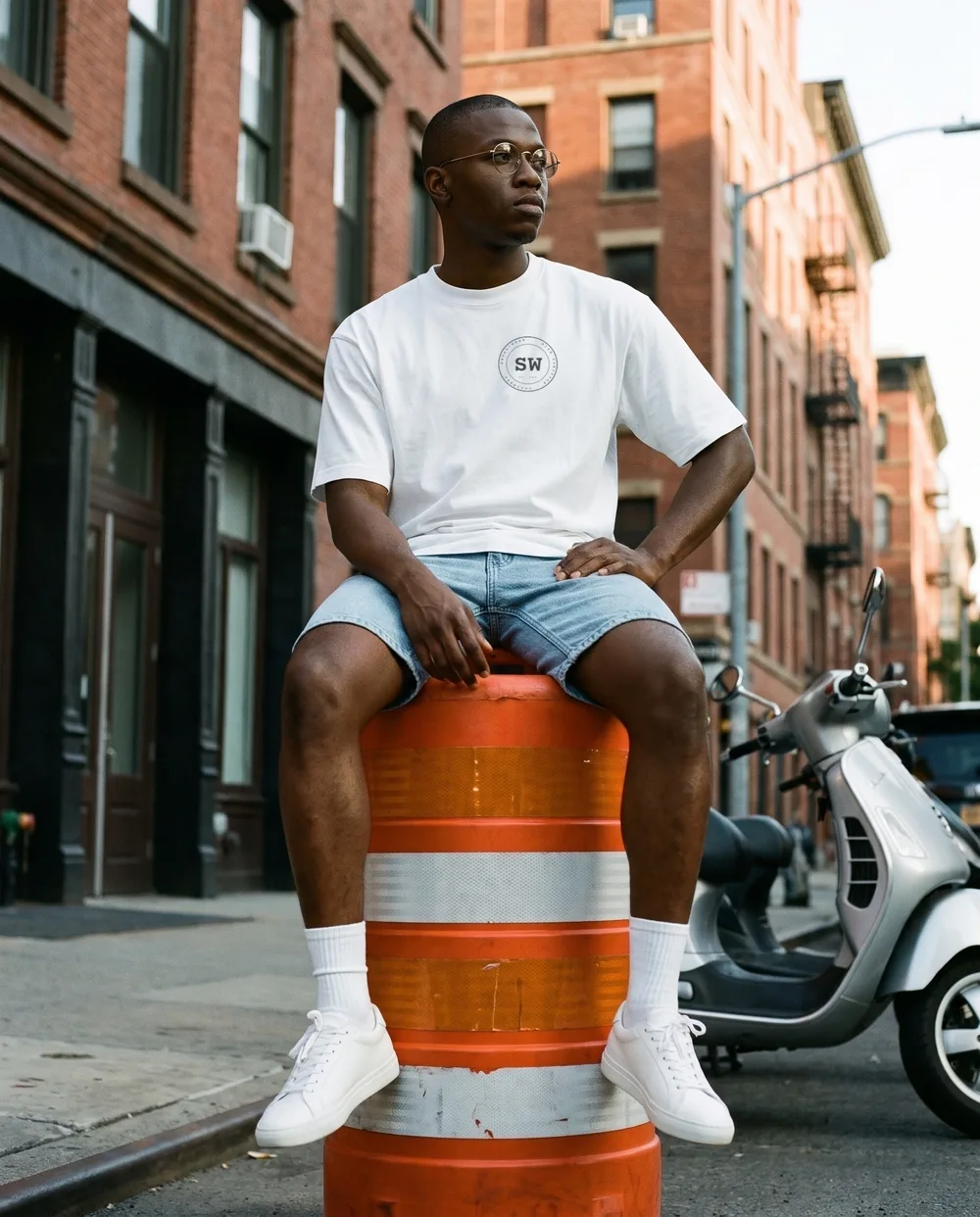 Sitting on a striped traffic barrel