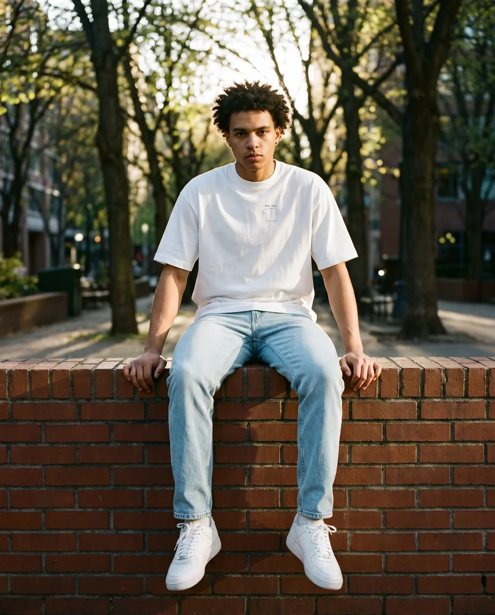 Sitting on a brick wall in a park