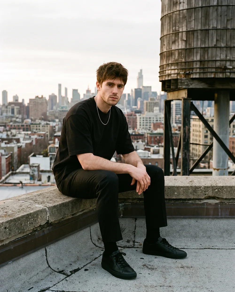 On a rooftop next to a water tower