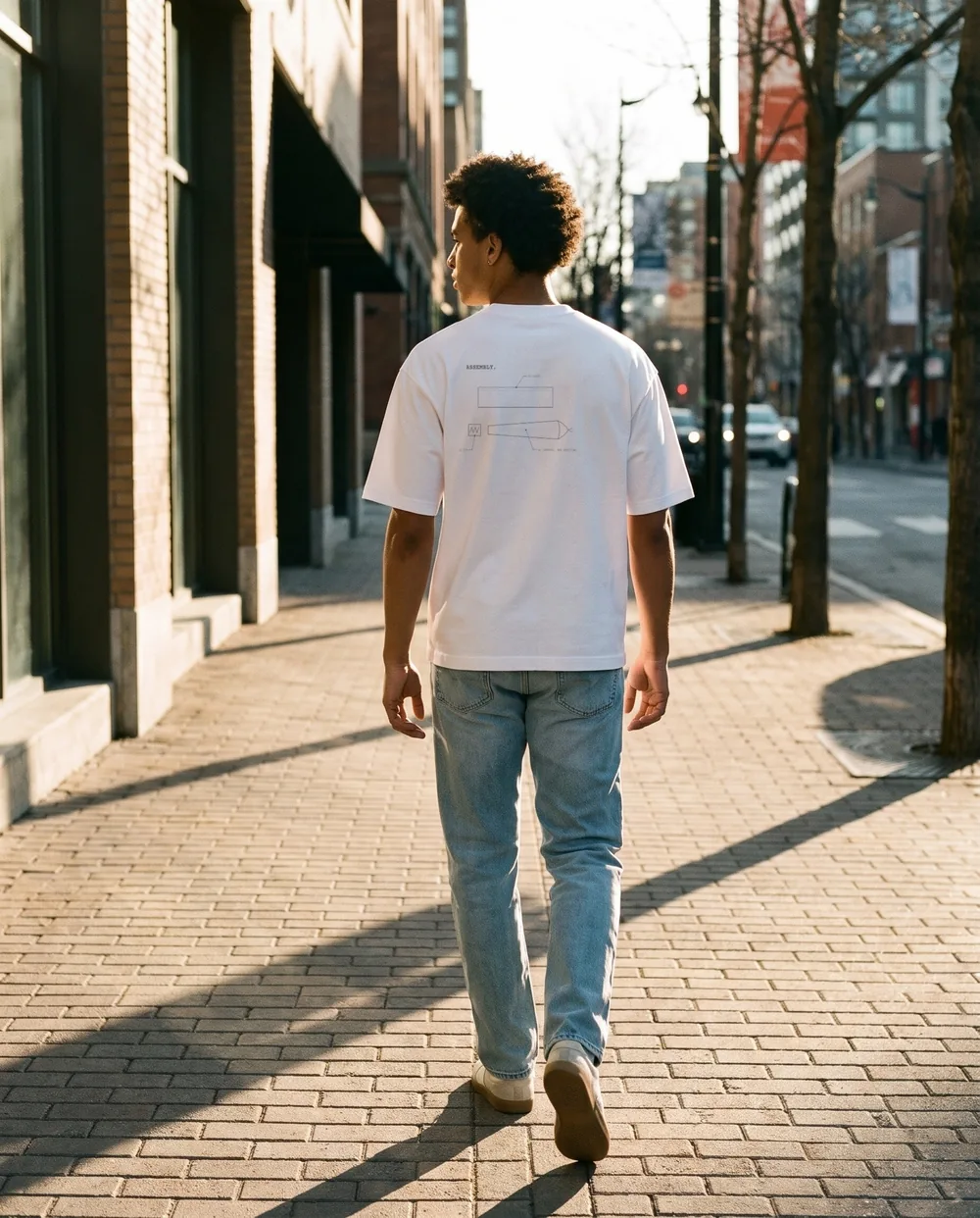 Walking away down a sunny sidewalk