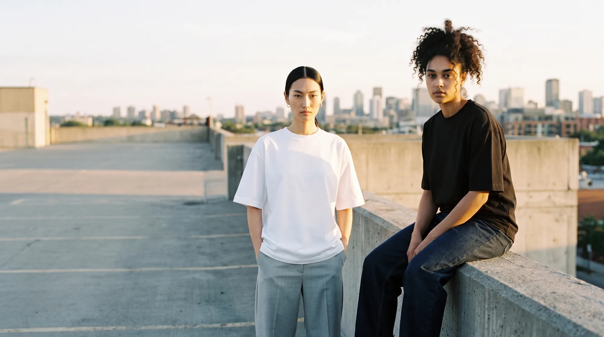 Two women on the top deck of a concrete parking garage at golden hour