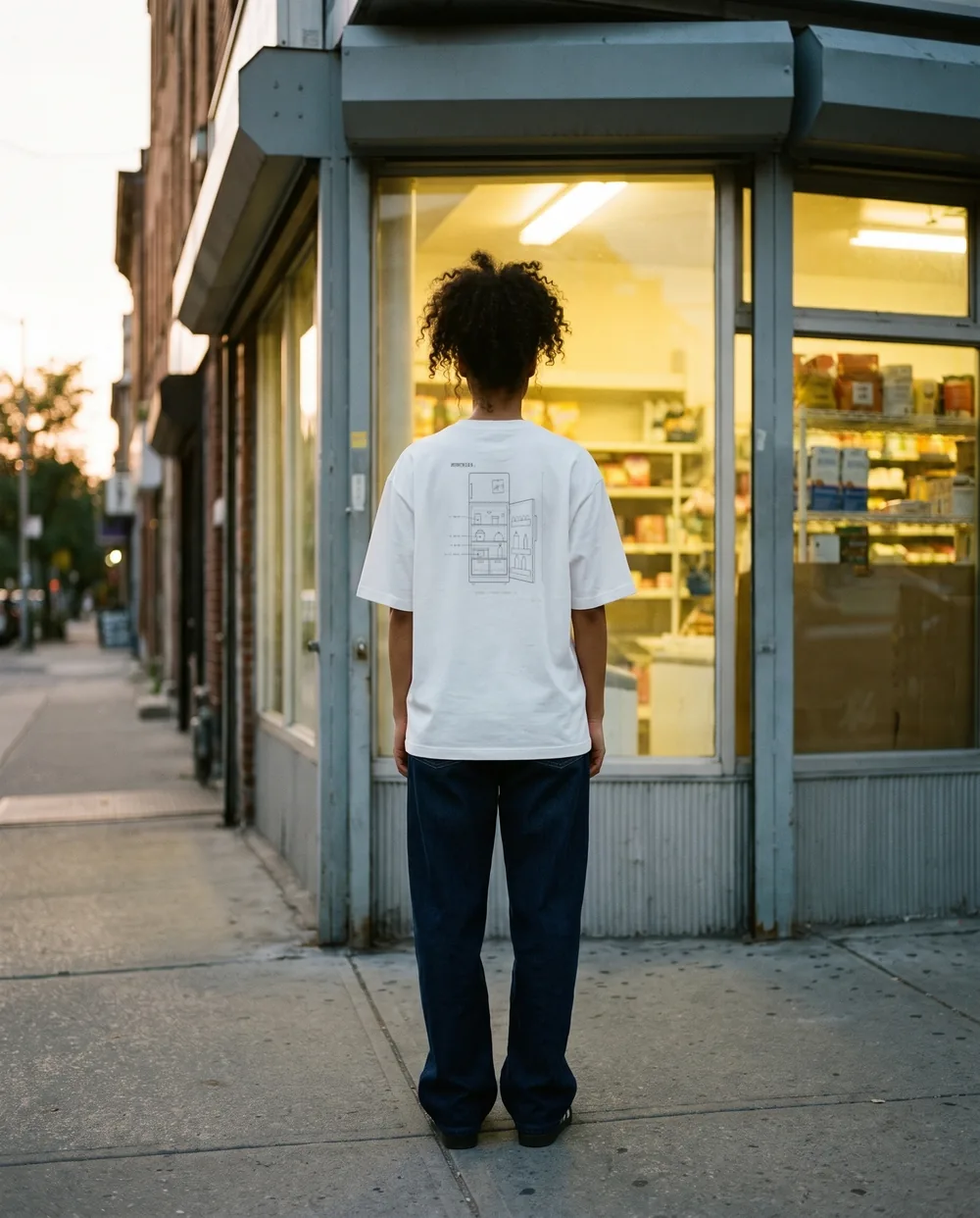 Back to the camera at a corner shop window at dusk