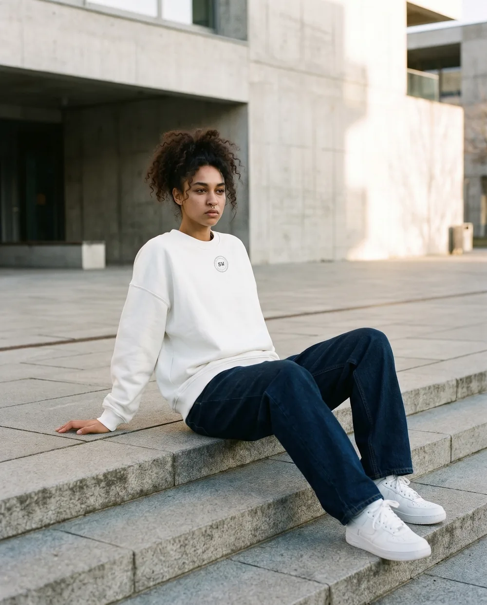 Leaning back on plaza steps in a white crewneck